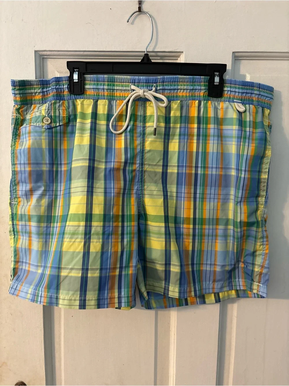 Polo Ralph Lauren Men’s Plaid Swim Trunks L Blue Green Yellow Drawstring Lined